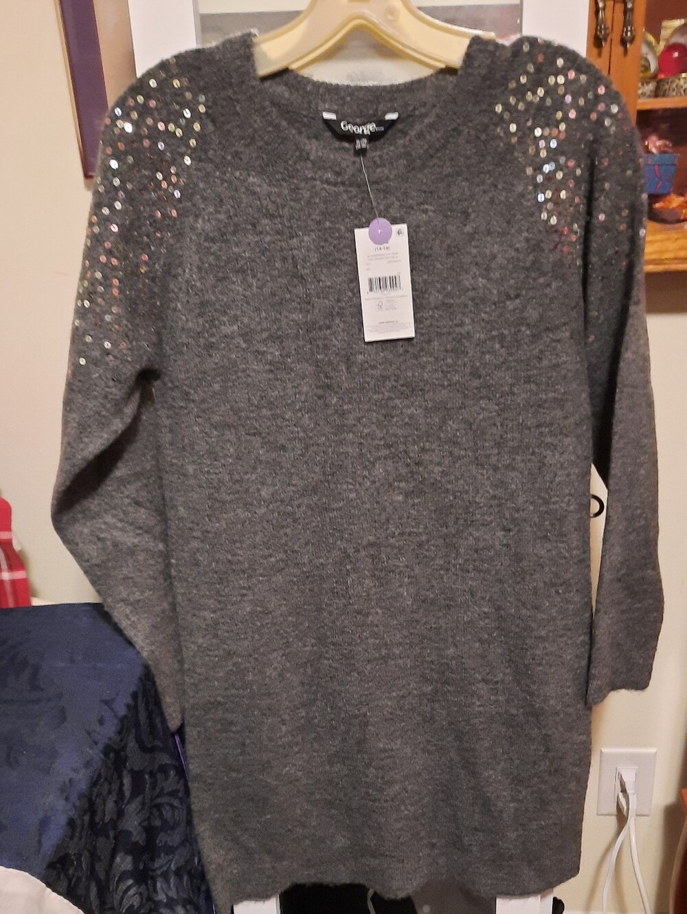 NWT George Grey Sequin Shoulder Sweater Dress Girls Size 14/16 OR Women's Small